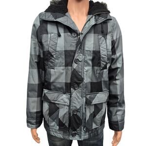 Legendary Goods Hooded Winter Coat Jacket Zip-up Button Men S/M Black Gray Check